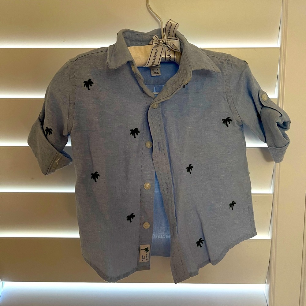 Janie & Jack linen button down shirt with embroidered palm trees 3-6 mod